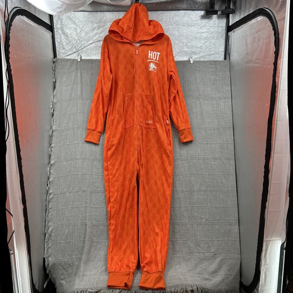 Tipsy Elves Taco Bell Adult LARGE Pajama Jumpsuit Orange Hot Sauce Flame Hooded